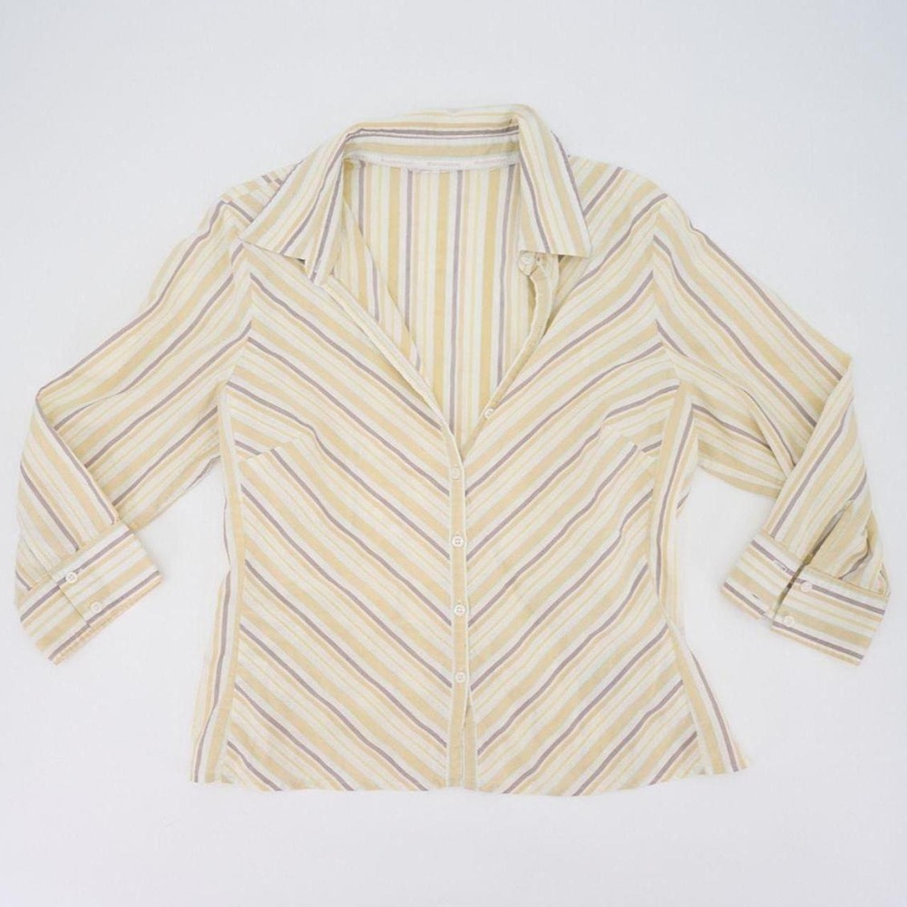 Worthington Vintage Striped Chevron Panel Blouse Cream Yellow Aqua Y2K Top